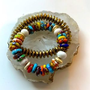New - SET of (2) African Glass & Hematite Beaded Bracelets